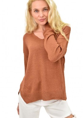 Potre OR - Πλεκτή μακρυμάνικη oversized μπλούζα Κεραμιδί 14168