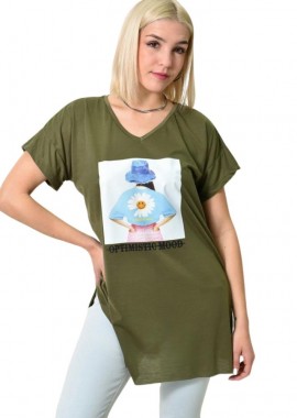 First Woman - Μπλούζα μονόχρωμη με V λαιμόκοψη και στάμπα Χακί 23615