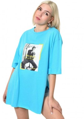 First Woman - Μπλούζα μονόχρωμη με ανοίγματα και στάμπα Γαλάζιο 23635