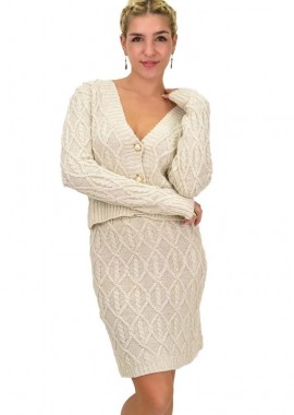 Potre OR - Γυναικείο πλεκτό σετ με σχέδιο πλεξούδες Εκρού 22105