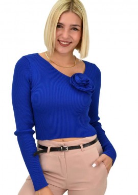 Potre OR - Γυναικείο πλεκτό crop top με σχέδιο λουλούδι Μπλε Ρουά 21958