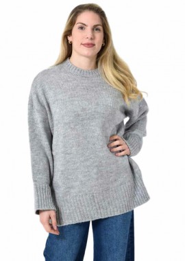 Potre OR - Oversized Πλεκτή Μπλούζα με Στρογγυλή Λαιμόκοψη & Ριμπ Λεπτομέρειες Γκρι 27302