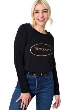 First Woman - Μονόχρωμη μπλούζα με χρυσό τύπωμα Μαύρο 23284