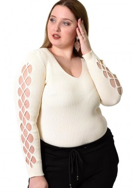 Potre OR - Γυναικείο Plus τοπ με διάτρητο μανίκι Εκρού 21935