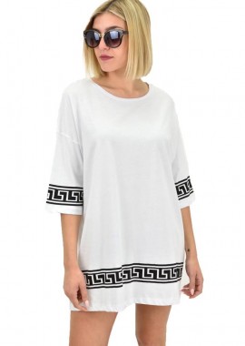 Potre OR - Γυναικεία φορεμα μπλουζοφόρεμα με σχέδιο μαίανδρος Λευκό 9806