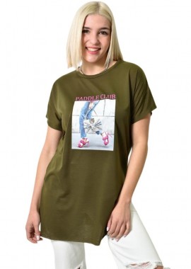 First Woman - Μπλούζα μονόχρωμη με ανοίγματα και στάμπα Χακί 23650