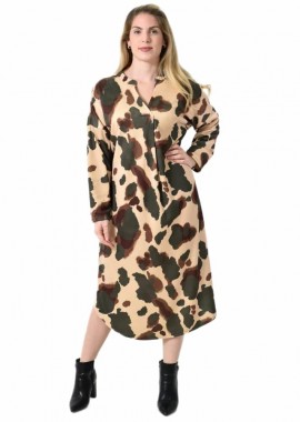 Potre OR - Midi Σεμιζιέ Φόρεμα Abstract Animal Print - Άνετη Γραμμή Χακί 27289
