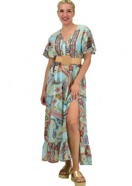 Potre OR - Γυναικείο μεταξωτό boho φόρεμα με κουμπιά χωρίς ζώνη Μέντα 20980