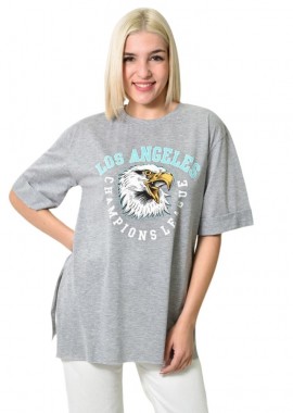 First Woman - Μπλούζα μονόχρωμη με ανοίγματα και στάμπα Γκρι 23680