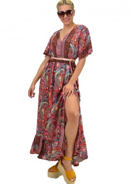 Potre OR - Γυναικείο μεταξωτό boho φόρεμα με κουμπιά χωρίς ζώνη Ροζ 21162