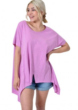 First Woman - Ασύμμετρο κοντομάνικο μπλουζάκι με εμπρόσθιο άνοιγμα Ροζ 24578