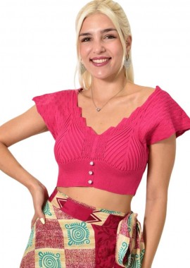 Potre OR - Πλεκτό κροπ Τοπ με κουμπιά και κοντά μανίκια Φούξια 25263