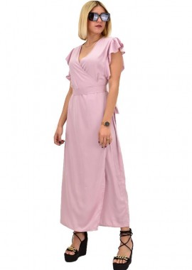 Potre OR - Γυναικείο φόρεμα κρουαζέ αμάνικο με ζωνάκι Ροζ 20536