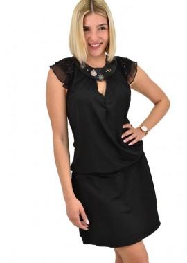 Potre OR - Γυναικείο φόρεμα midi με δερμάτινες λεπτομέρειες και κεντητό σχέδιο Μαύρο 19822