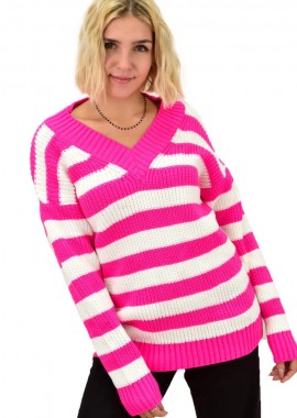 Potre OR - Γυναικείο πλεκτό με χοντρή ρίγα Ροζ 18148