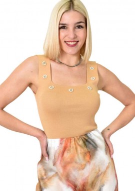 Potre OR - Τοπ εφαρμοστό με πέρλες και στρας Μπεζ 23498