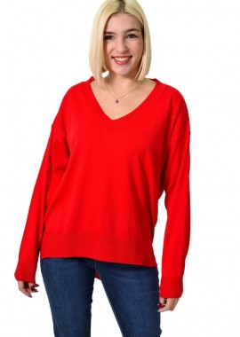Potre OR - Γυναικείο πλεκτό μονόχρωμο με V λαιμόκοψη Κόκκινο 22914