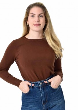 Potre OR - Πλεκτή Μπλούζα Ζέρσεϊ με Στρογγυλή Λαιμόκοψη Καφέ 27316