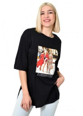 First Woman - Μπλούζα μονόχρωμη με ανοίγματα και στάμπα Μαύρο 23605