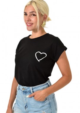 First Woman - T-shirt με τύπωμα καρδια Μαύρο 25593