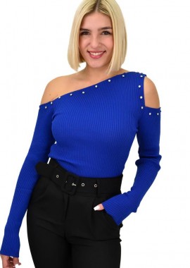 Potre OR - Γυναικείο τοπ με έξω ώμους και στρας Μπλε Ρουά 22219