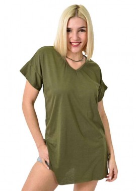 First Woman - Μπλούζα μονόχρωμη με V λαιμόκοψη και ανοίγματα Χακί 23545