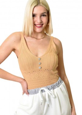 Potre OR - Γυναικείο πλεκτό τοπ διάτρητο με στρας Μπεζ 23432