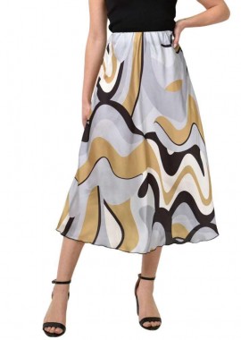 First Woman - Midi σατέν φούστα εμπριμέ Λαδί 23526