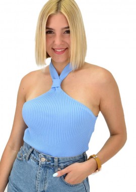 Potre OR - Γυναικείο τοπ ριπ με κόμπο στο λαιμό Γαλάζιο 20954