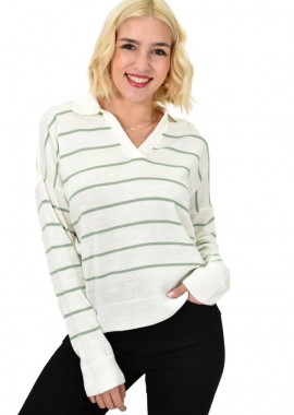 Potre OR - Πλεκτή ριγέ μπλούζα πόλο Φυστικί 23074