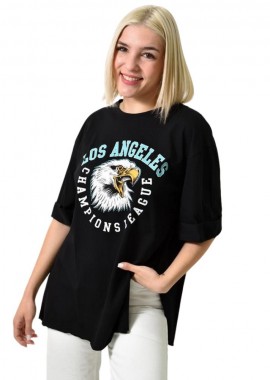 First Woman - Μπλούζα μονόχρωμη με ανοίγματα και στάμπα Μαύρο 23682