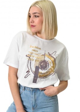 Potre OR - Γυναικείο T-shirt με τύπωμα και στρας Λευκό 23770