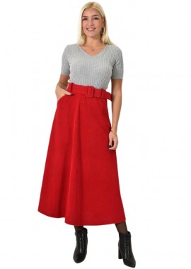 Potre OR - Γυναικεία φούστα κοτλέ με ζώνη Κόκκινο 26050