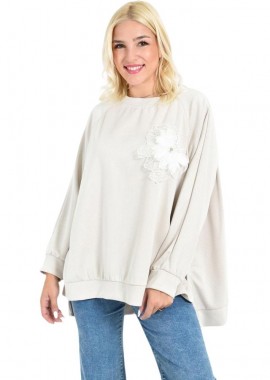 Potre OR - Γυναικεία Oversized Μπλούζα με 3D Λουλούδι Μπεζ 27054