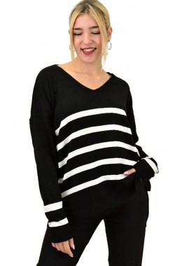 Potre OR - Πλεκτή μπλούζα ριγέ oversized Μαύρο 18484