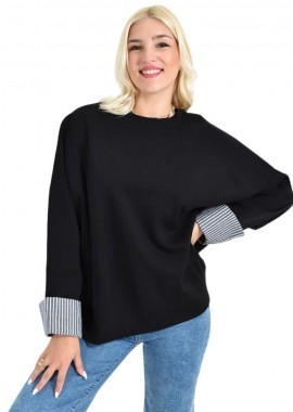 Potre OR - Γυναικεία Μαύρη Oversized Μπλούζα με Ρεβέρ Πουκαμίσου Μαύρο 27059