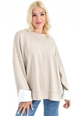 Potre OR - Γυναικεία Μπεζ Oversized Μπλούζα με Λευκά Ρεβέρ Πουκαμίσου Μπεζ 27061