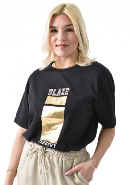 Potre OR - Γυναικείο T-shirt με σχέδιο BLAZE με Στρας & Πέρλες Μαύρο 26422