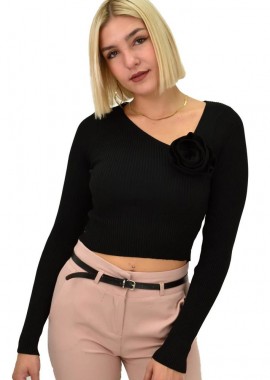 Potre OR - Γυναικείο πλεκτό crop top με σχέδιο λουλούδι Μαύρο 21983