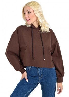 Potre OR - Γυναικείο Cropped Hoodie με Μαύρα Κορδόνια Και Τσέπες Καφέ 27090