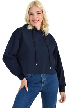 Potre OR - Γυναικείο Cropped Hoodie με Μαύρα Κορδόνια Και Τσέπες Μπλε Σκούρο 27088