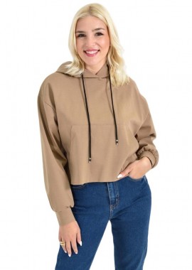 Potre OR - Γυναικείο Cropped Hoodie με Μαύρα Κορδόνια Και Τσέπες Μπεζ 27092