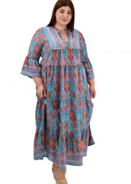 Potre OR - Γυναικείο μεταξωτό boho φόρεμα με σχέδιο βολάν Μπλε 20041