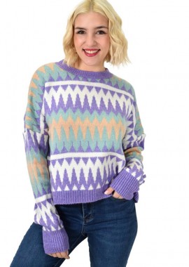Potre OR - Πλεκτό πουλόβερ ζακάρ πολύχρωμο Λιλά 23062