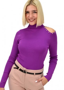 Potre OR - Γυναικείο πλεκτό τοπ με άνοιγμα στον ώμο με στρας Ματζέντα 22006