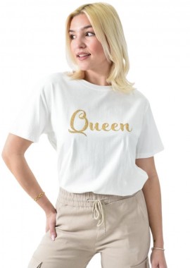 Potre OR - Γυναικείο T-shirt με χρυσό τύπωμα Queen Λευκό 26385