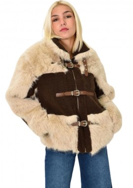 Potre OR - Γούνινο μπουφάν με δέσιμο ζώνης Καφέ 25734