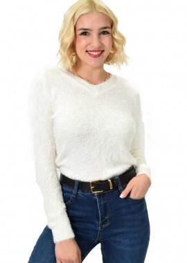 Potre OR - Γυναικείο χνουδωτό με V λαιμόκοψη Εκρού 23116