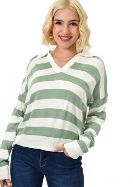 Potre OR - Μπλούζα με γιακά και φαρδιές ρίγες Φυστικί 23104