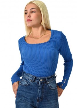 Potre OR - Πλεκτό τοπ POINTELLE με κουμπιά Μπλε Ρουά 25691